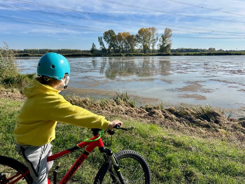 Malý chlapec s tyrkysovou prilbou na bicykli pozerá na breh jazera.