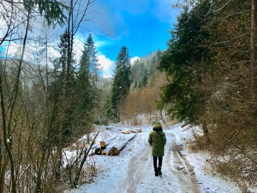 Žena v zelenej bunde kráča zasneženou lesnou cestičkou.