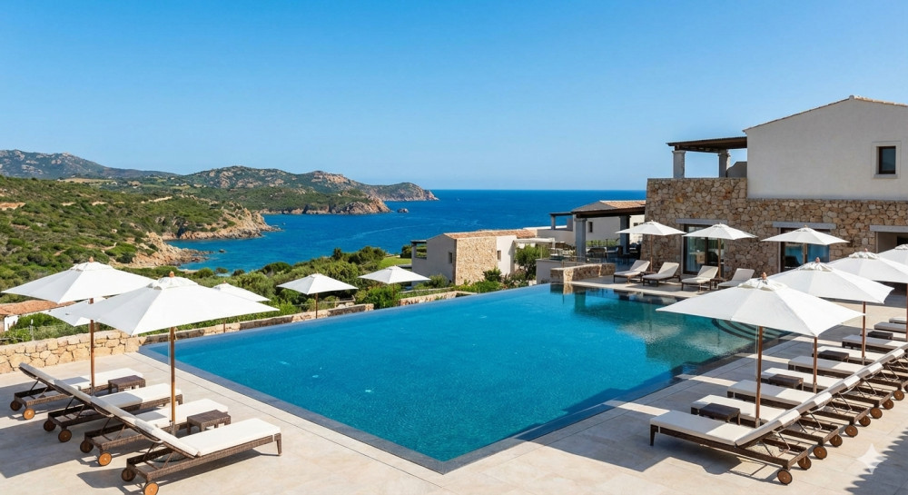 Luxusný hotelový bazén s panoramatickým výhľadom na more, ideálny pre last minute oddych.